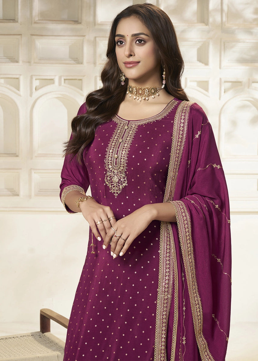 Sangria Purple Embroidered Sharara Suit in Chinon Silk with Jacquard Buttis - House of Sarvati LLC