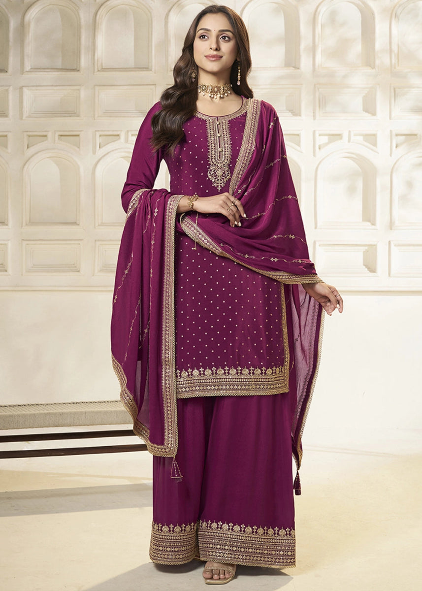 Sangria Purple Embroidered Sharara Suit in Chinon Silk with Jacquard Buttis - House of Sarvati LLC