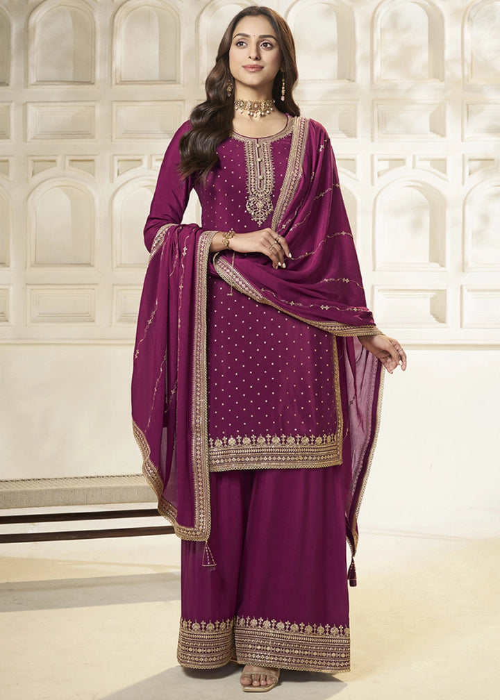 Sangria Purple Embroidered Sharara Suit in Chinon Silk with Jacquard Buttis - House of Sarvati LLC