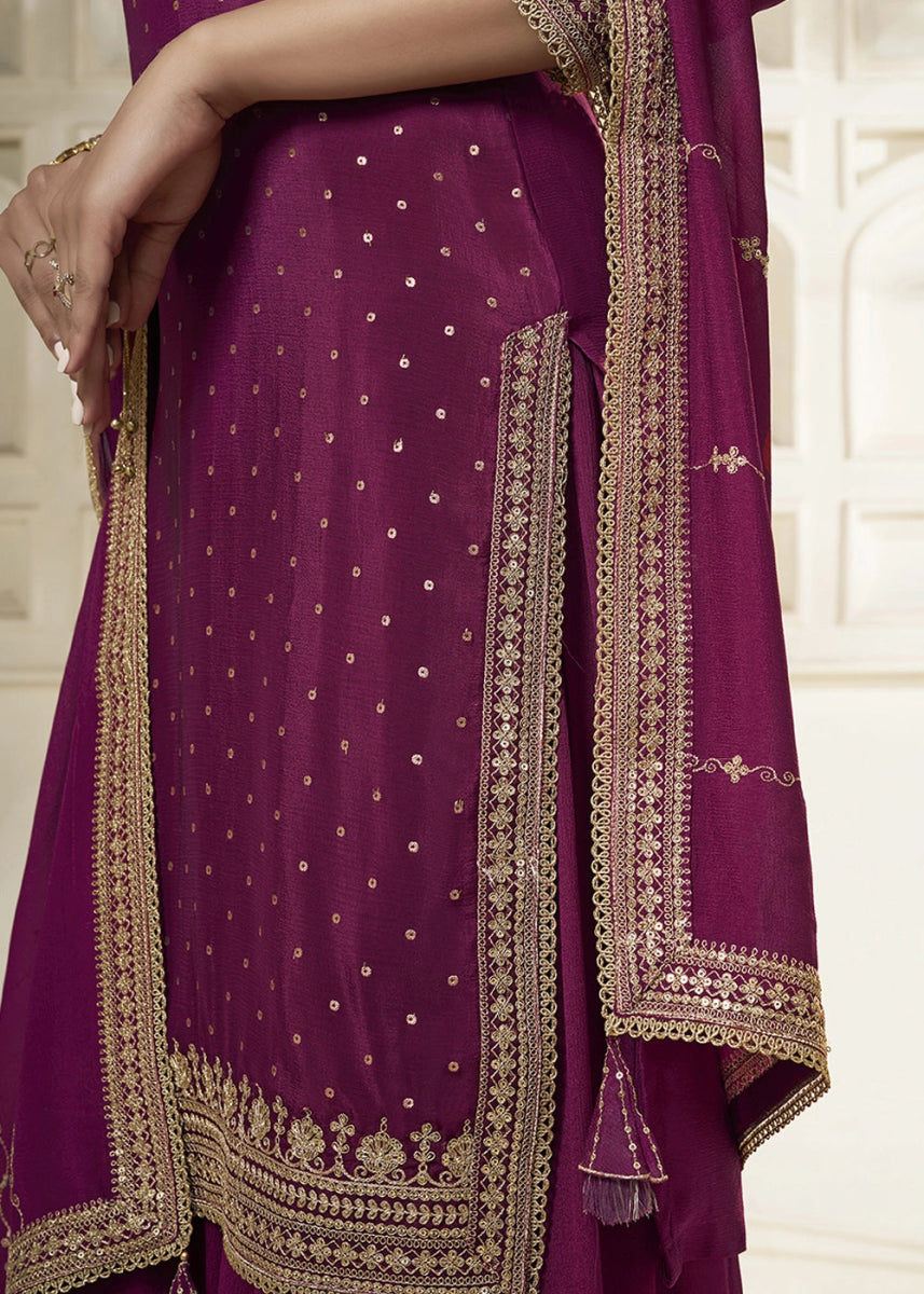 Sangria Purple Embroidered Sharara Suit in Chinon Silk with Jacquard Buttis - House of Sarvati LLC