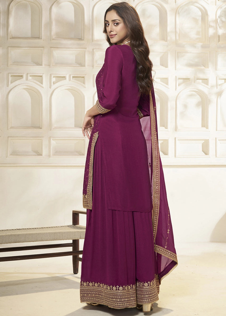 Sangria Purple Embroidered Sharara Suit in Chinon Silk with Jacquard Buttis - House of Sarvati LLC