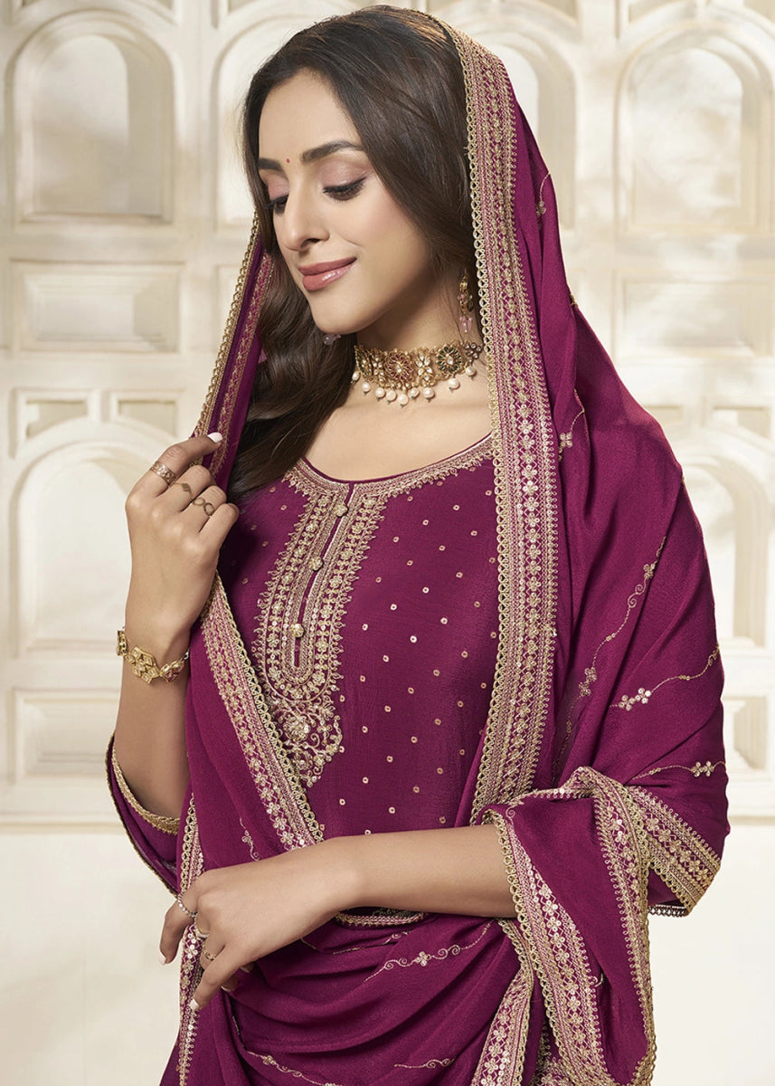 Sangria Purple Embroidered Sharara Suit in Chinon Silk with Jacquard Buttis - House of Sarvati LLC