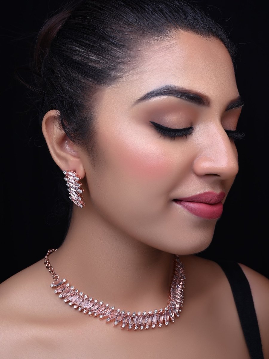 Saniya American Diamond Rose Gold Plated Necklace Set - House of Sarvati LLC