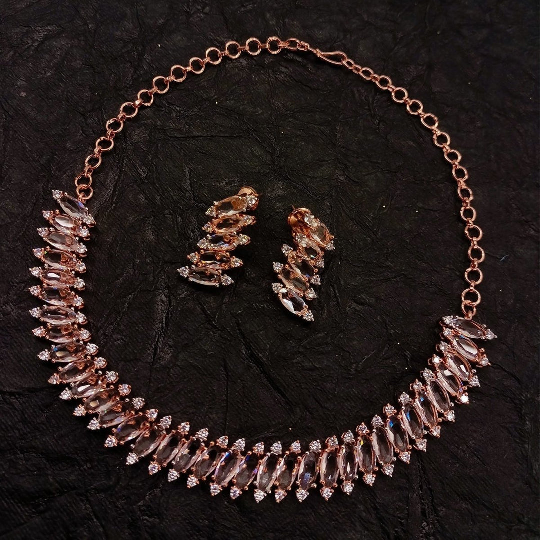 Saniya American Diamond Rose Gold Plated Necklace Set - House of Sarvati LLC