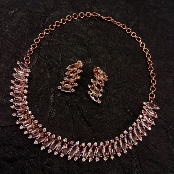 Saniya American Diamond Rose Gold Plated Necklace Set - House of Sarvati LLC
