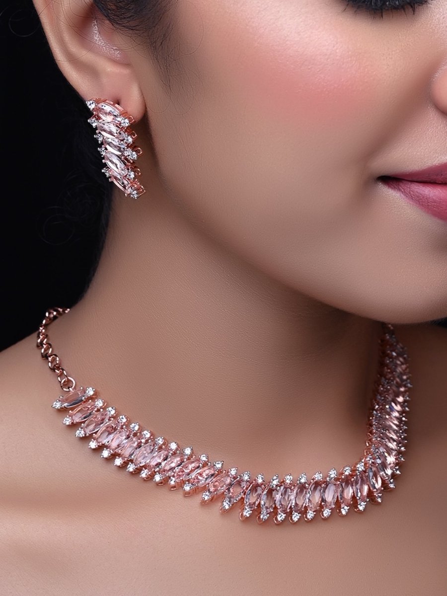 Saniya American Diamond Rose Gold Plated Necklace Set - House of Sarvati LLC