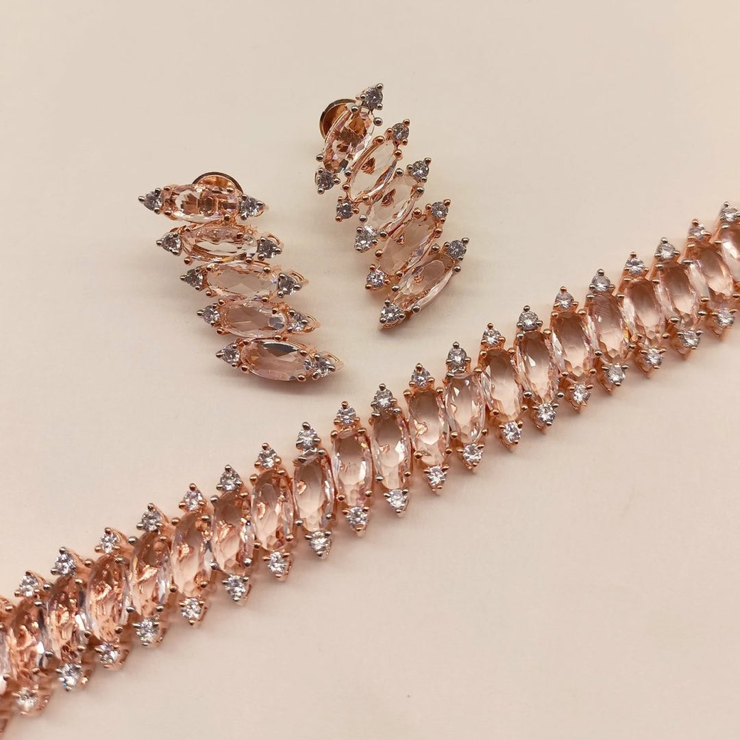 Saniya American Diamond Rose Gold Plated Necklace Set - House of Sarvati LLC