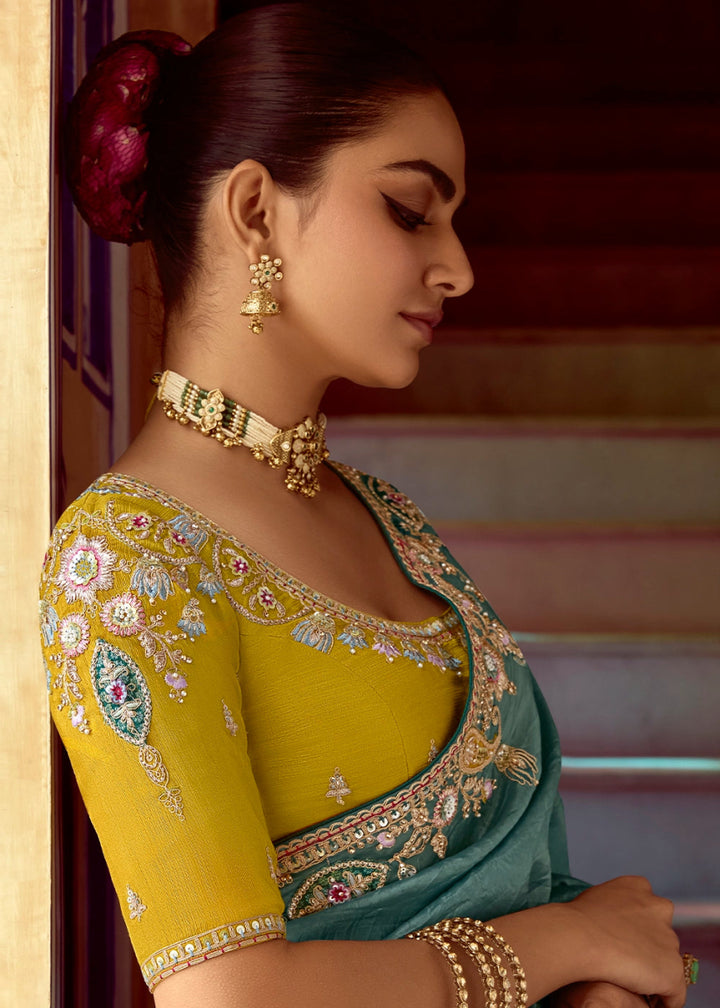 Sapphire Blue Tissue Silk Saree Beautified with Intricate Thread Embroidery And Sequin Accents - House of Sarvati LLC