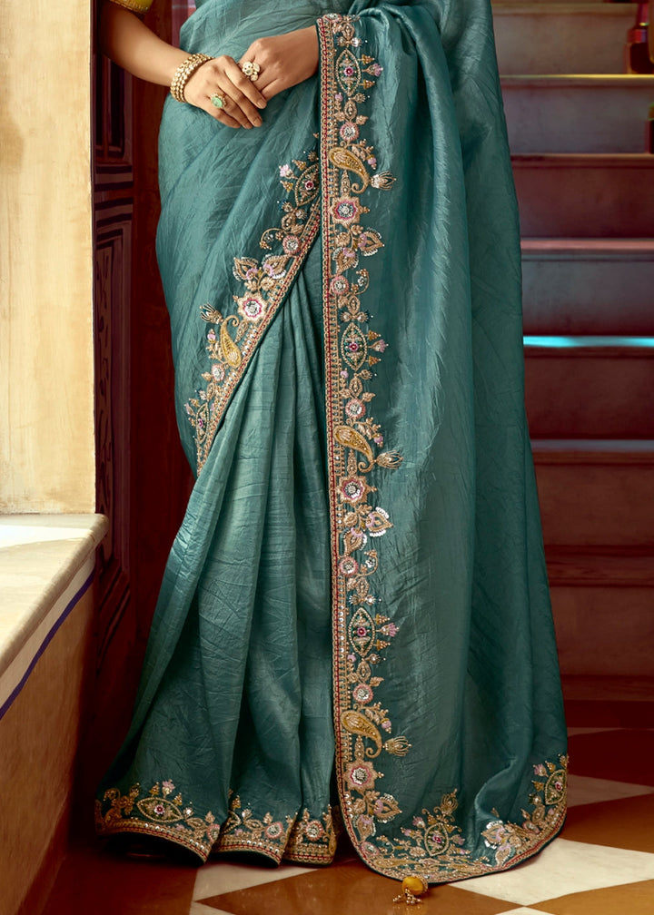 Sapphire Blue Tissue Silk Saree Beautified with Intricate Thread Embroidery And Sequin Accents - House of Sarvati LLC