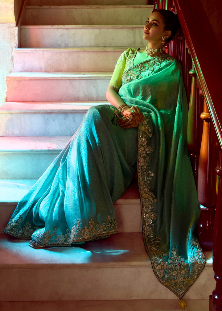 Sapphire Blue Tissue Silk Saree Beautified with Intricate Thread Embroidery And Sequin Accents - House of Sarvati LLC