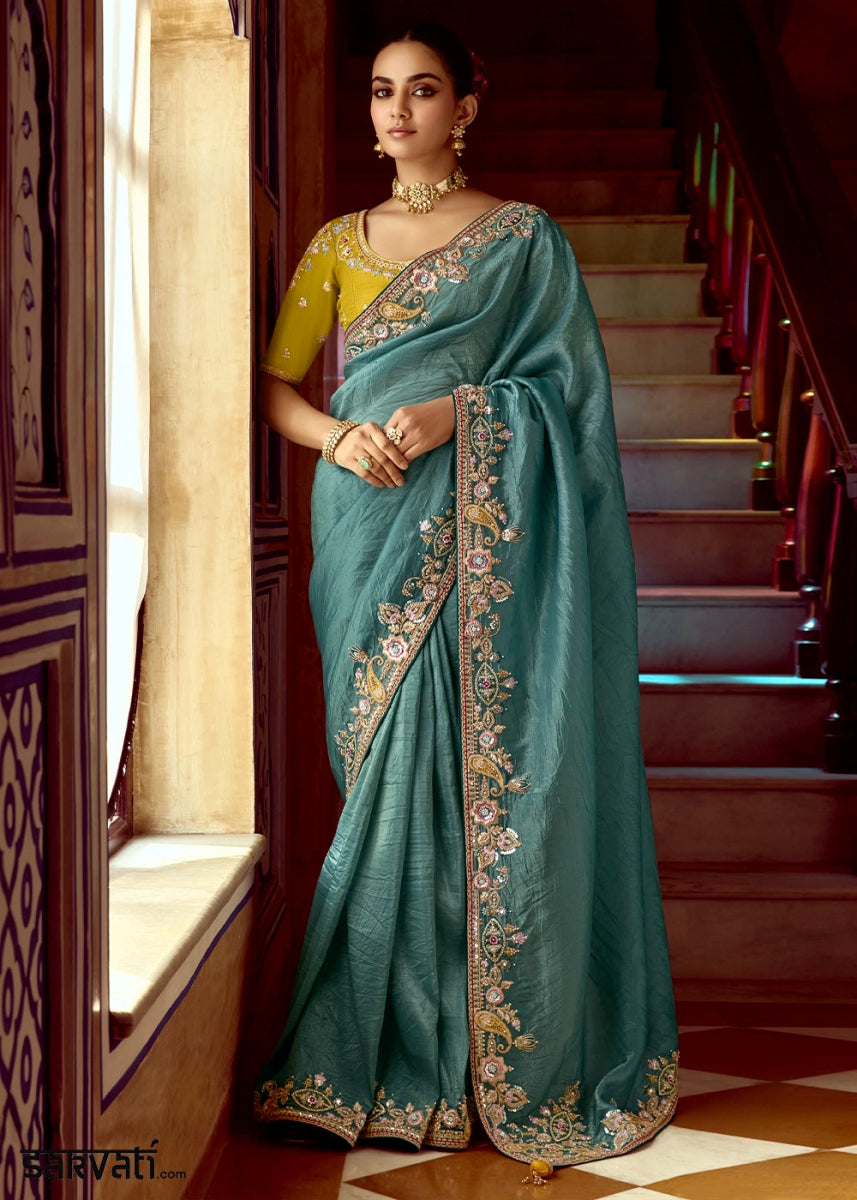 Sapphire Blue Tissue Silk Saree Beautified with Intricate Thread Embroidery And Sequin Accents - House of Sarvati LLC
