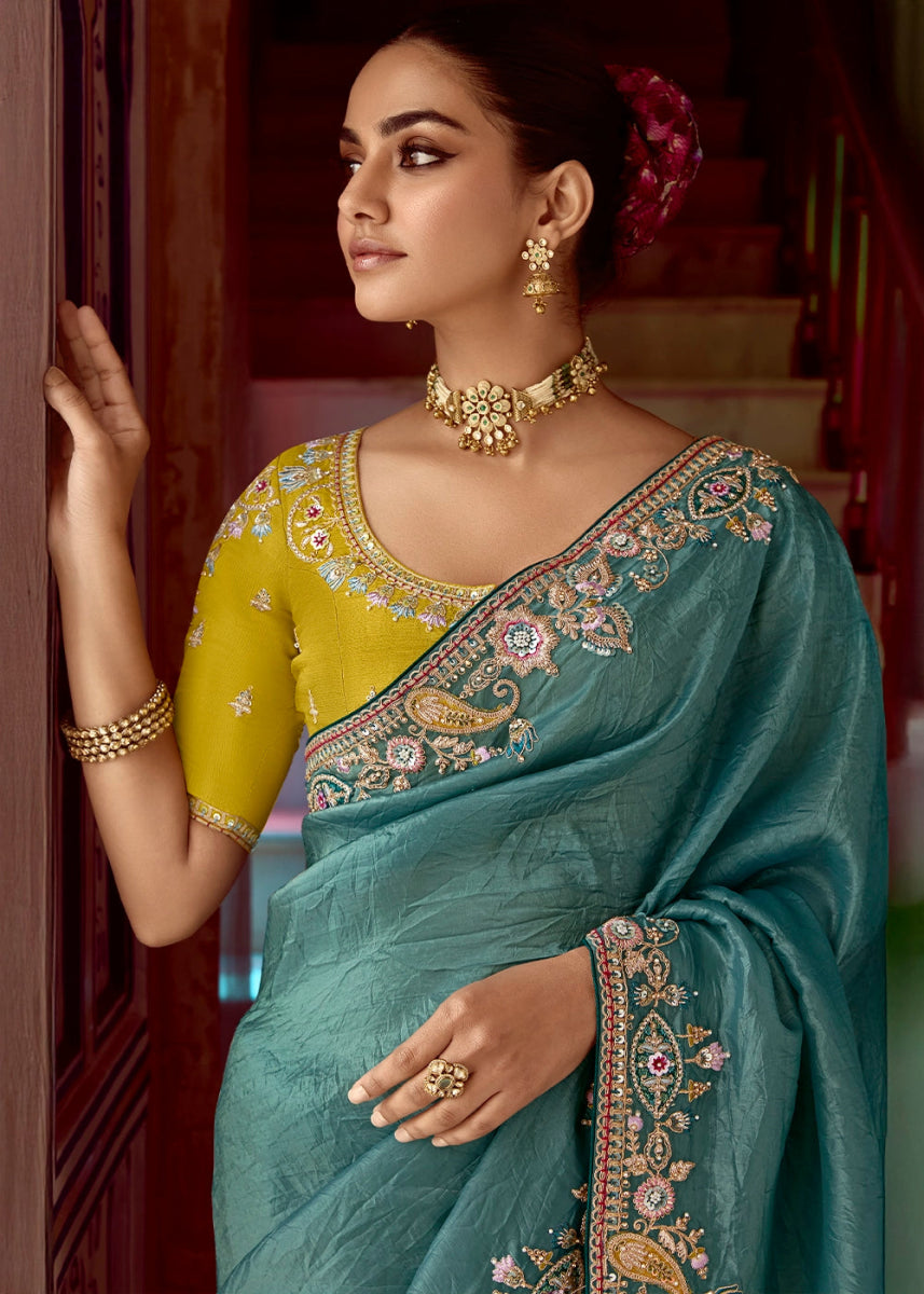 Sapphire Blue Tissue Silk Saree Beautified with Intricate Thread Embroidery And Sequin Accents - House of Sarvati LLC