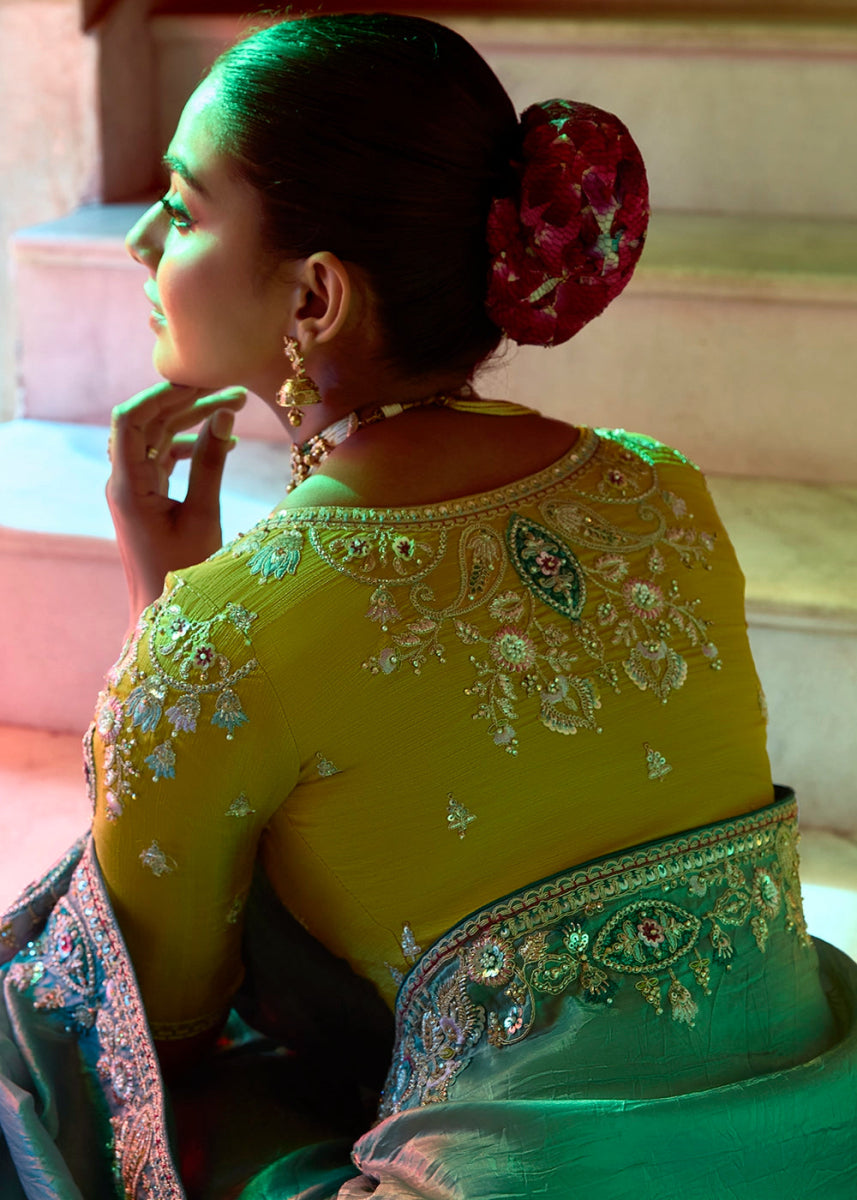 Sapphire Blue Tissue Silk Saree Beautified with Intricate Thread Embroidery And Sequin Accents - House of Sarvati LLC