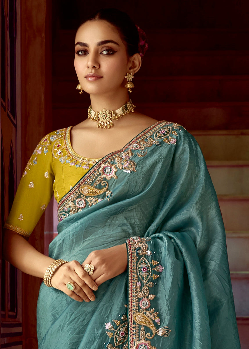 Sapphire Blue Tissue Silk Saree Beautified with Intricate Thread Embroidery And Sequin Accents - House of Sarvati LLC
