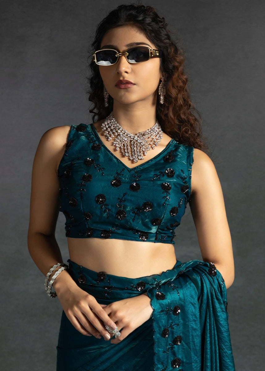 Sapphire Blue Two Tone Satin Silk Saree with Intricate Zarkan & cut work Border - House of Sarvati LLC