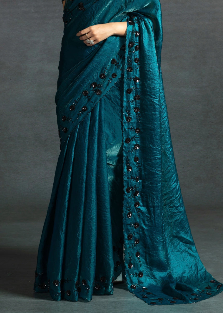Sapphire Blue Two Tone Satin Silk Saree with Intricate Zarkan & cut work Border - House of Sarvati LLC