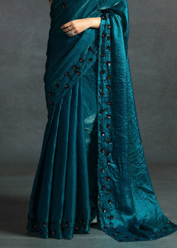 Sapphire Blue Two Tone Satin Silk Saree with Intricate Zarkan & cut work Border - House of Sarvati LLC