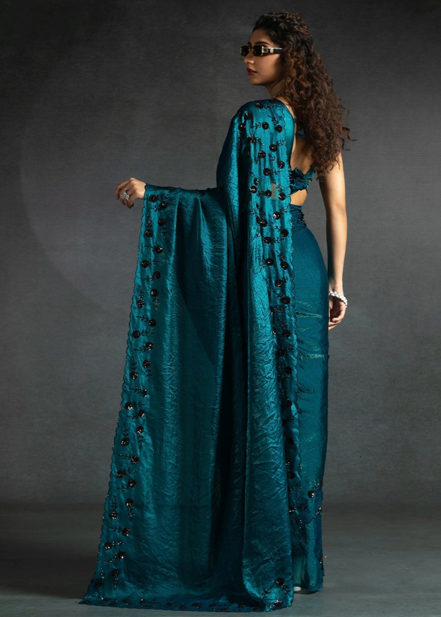 Sapphire Blue Two Tone Satin Silk Saree with Intricate Zarkan & cut work Border - House of Sarvati LLC