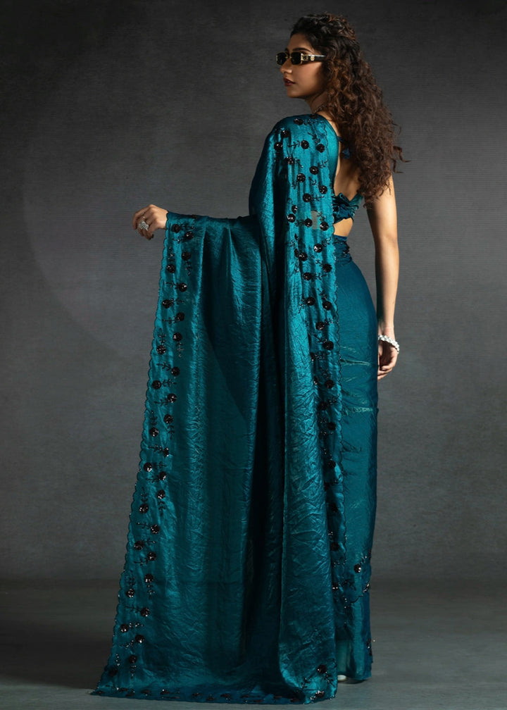 Sapphire Blue Two Tone Satin Silk Saree with Intricate Zarkan & cut work Border - House of Sarvati LLC