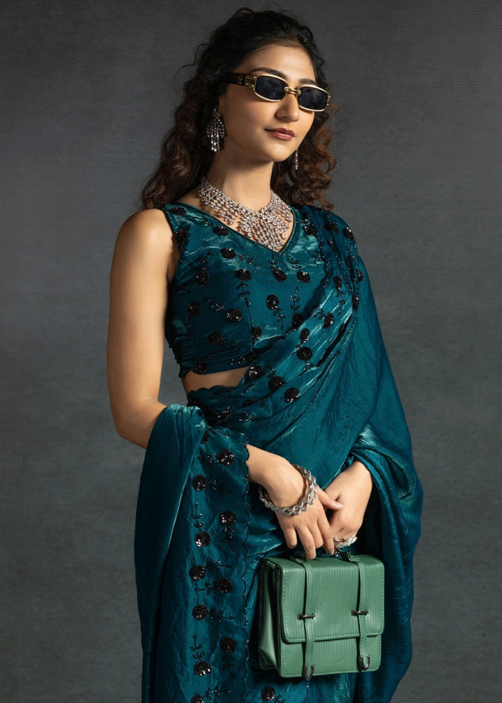 Sapphire Blue Two Tone Satin Silk Saree with Intricate Zarkan & cut work Border - House of Sarvati LLC