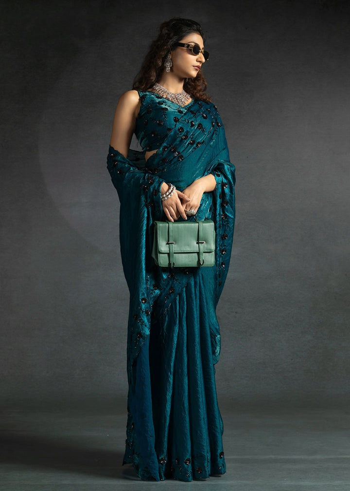Sapphire Blue Two Tone Satin Silk Saree with Intricate Zarkan & cut work Border - House of Sarvati LLC