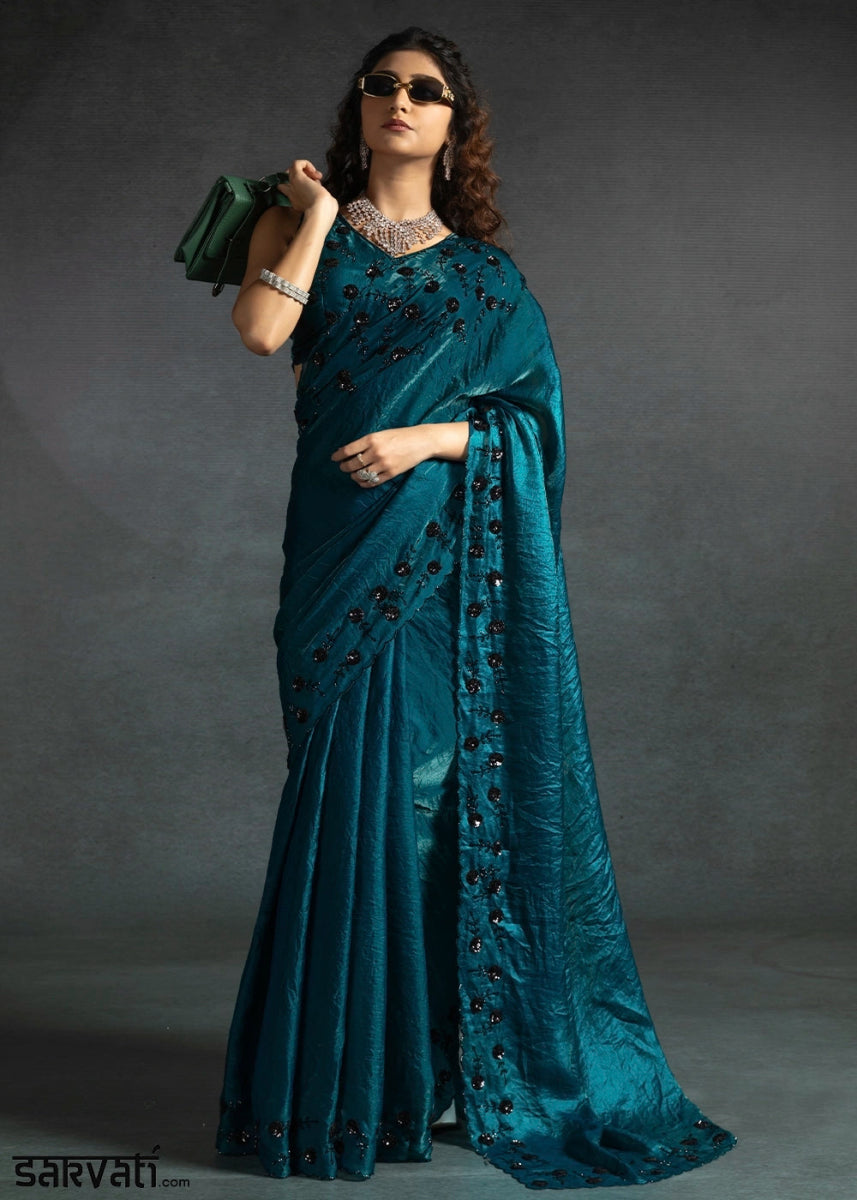 Sapphire Blue Two Tone Satin Silk Saree with Intricate Zarkan & cut work Border - House of Sarvati LLC