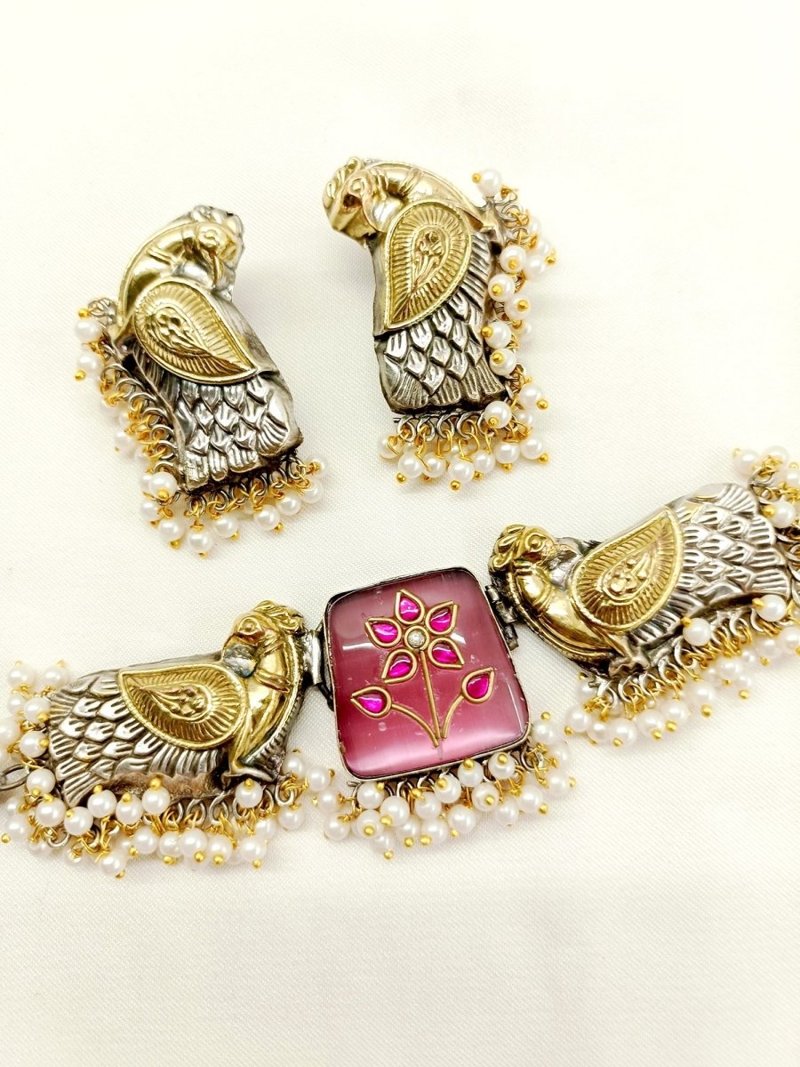 Sapthala Pink Peacock Oxidized Choker Set - House of Sarvati LLC