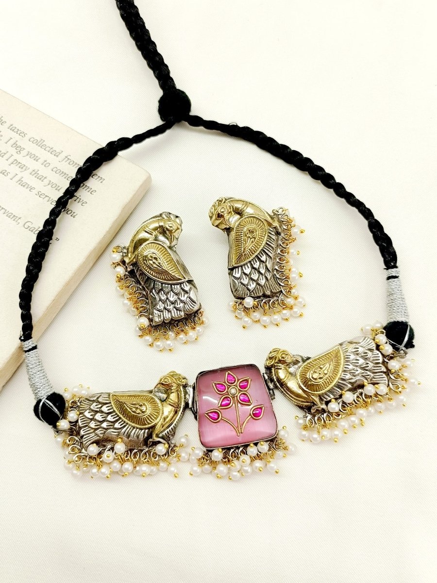 Sapthala Pink Peacock Oxidized Choker Set - House of Sarvati LLC