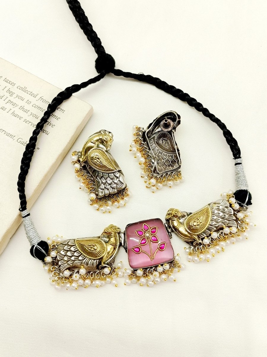 Sapthala Pink Peacock Oxidized Choker Set - House of Sarvati LLC