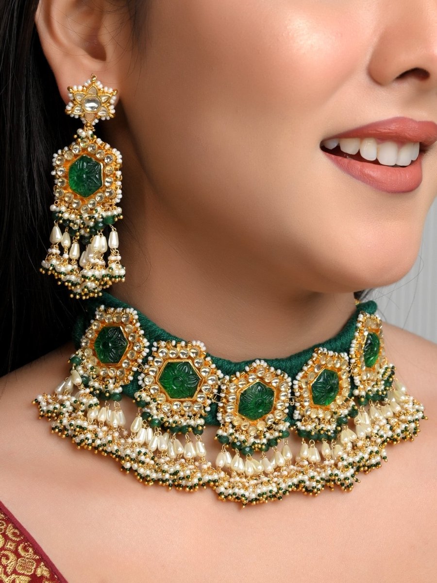 Sathiya Green Kundan Choker Set - House of Sarvati LLC