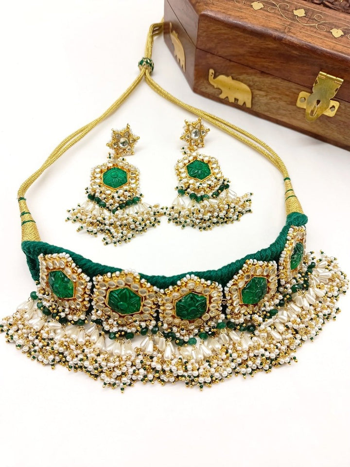 Sathiya Green Kundan Choker Set - House of Sarvati LLC