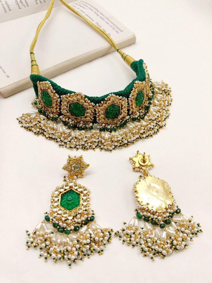 Sathiya Green Kundan Choker Set - House of Sarvati LLC