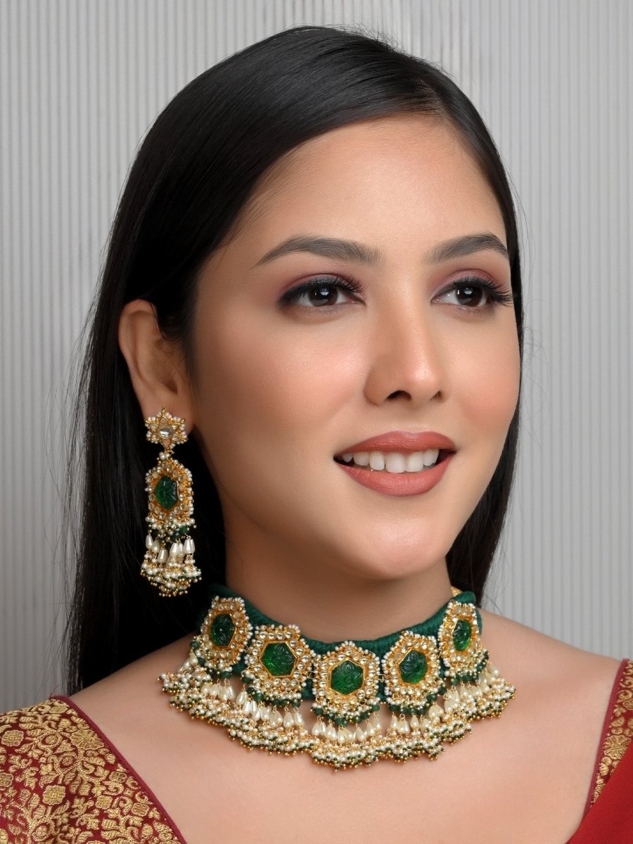 Sathiya Green Kundan Choker Set - House of Sarvati LLC