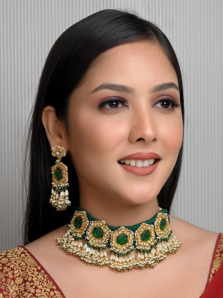 Sathiya Green Kundan Choker Set - House of Sarvati LLC