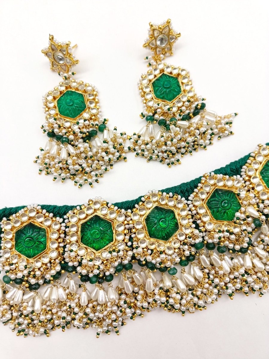 Sathiya Green Kundan Choker Set - House of Sarvati LLC