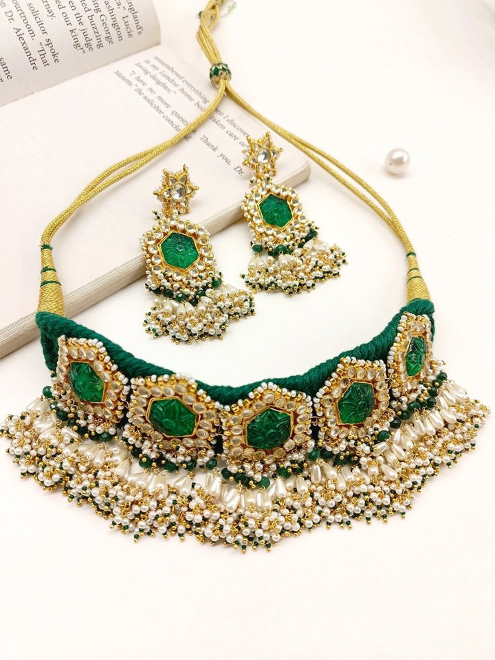 Sathiya Green Kundan Choker Set - House of Sarvati LLC