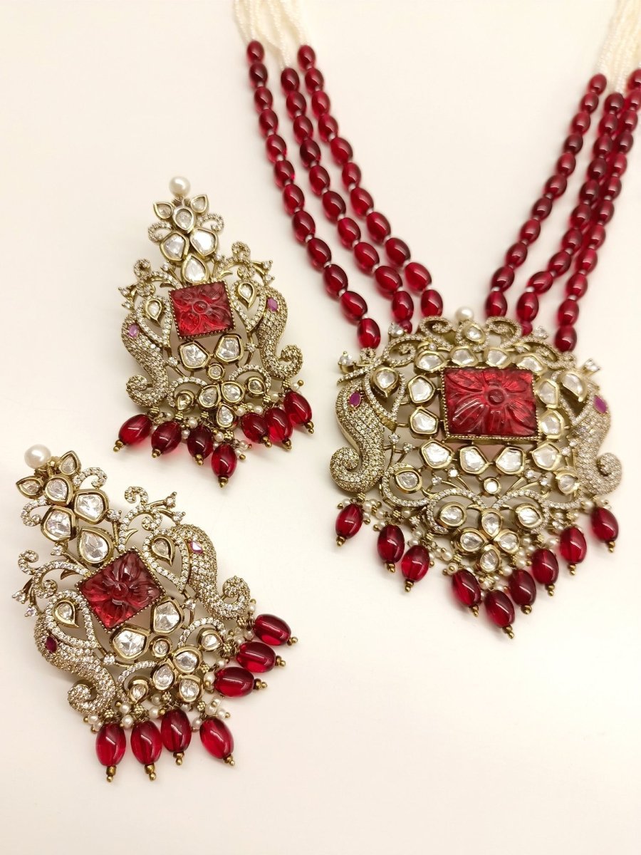Sayesha Maroon Kundan Polki Long Necklace Set - House of Sarvati LLC