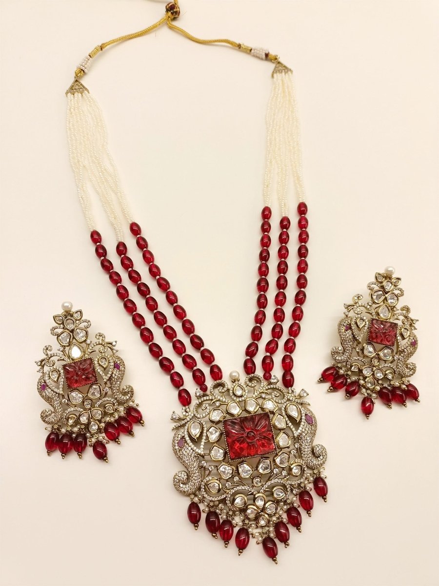 Sayesha Maroon Kundan Polki Long Necklace Set - House of Sarvati LLC