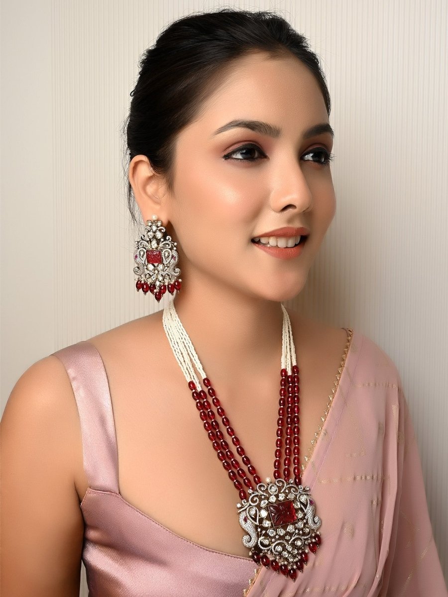 Sayesha Maroon Kundan Polki Long Necklace Set - House of Sarvati LLC