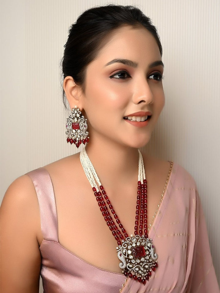 Sayesha Maroon Kundan Polki Long Necklace Set - House of Sarvati LLC