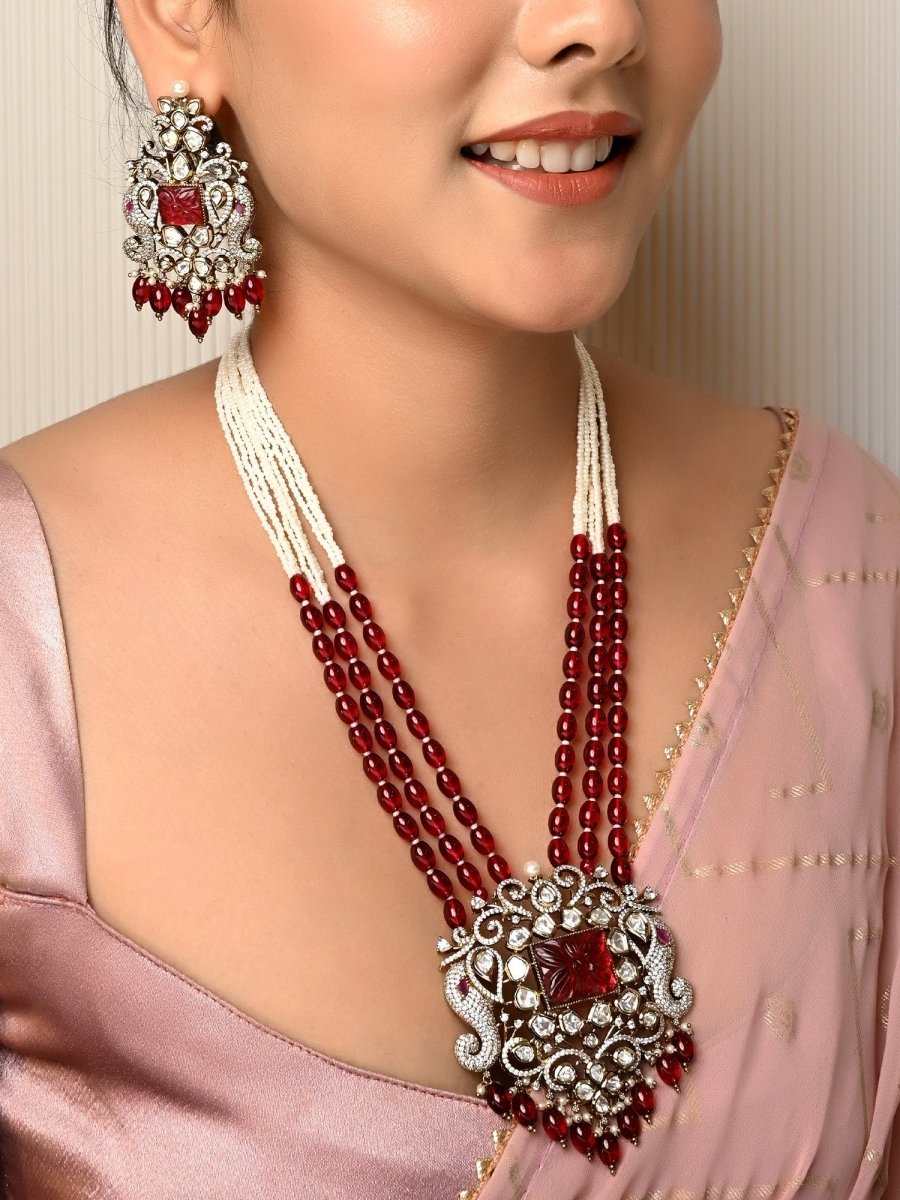Sayesha Maroon Kundan Polki Long Necklace Set - House of Sarvati LLC