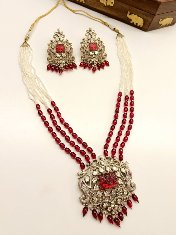 Sayesha Maroon Kundan Polki Long Necklace Set - House of Sarvati LLC