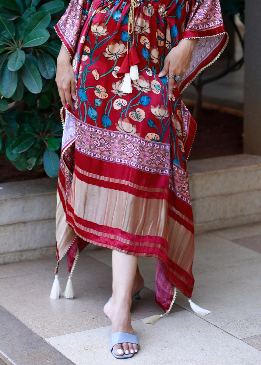 Scarlet Red Gaji Silk Kaftan with Gota Patti Lace and All - Over Floral Digital Print - House of Sarvati LLC