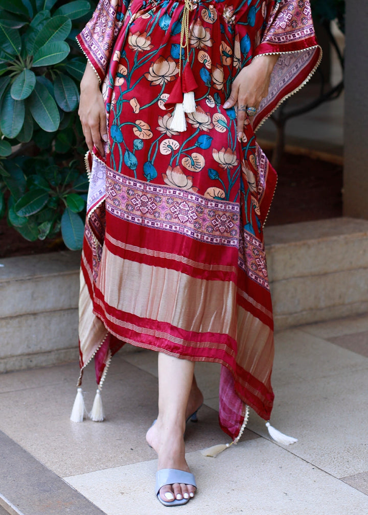 Scarlet Red Gaji Silk Kaftan with Gota Patti Lace and All - Over Floral Digital Print - House of Sarvati LLC
