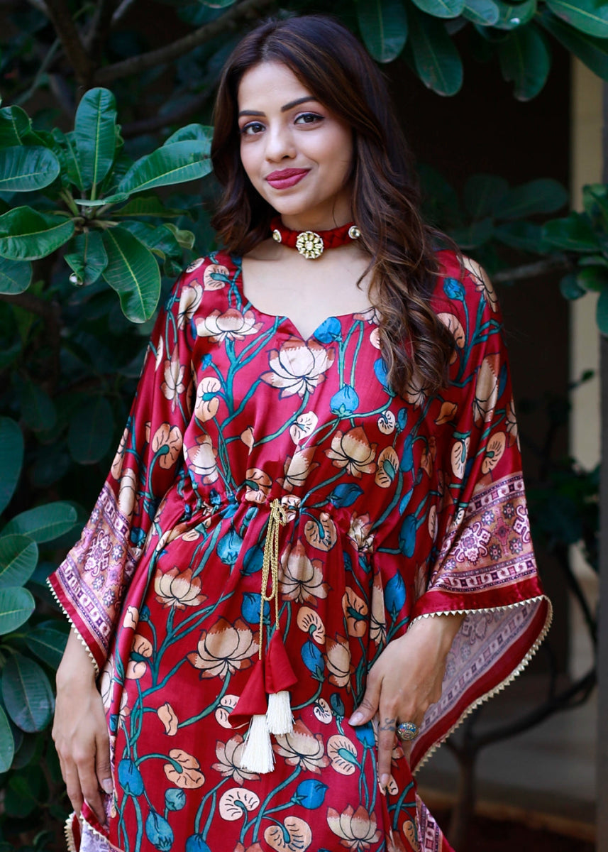 Scarlet Red Gaji Silk Kaftan with Gota Patti Lace and All - Over Floral Digital Print - House of Sarvati LLC