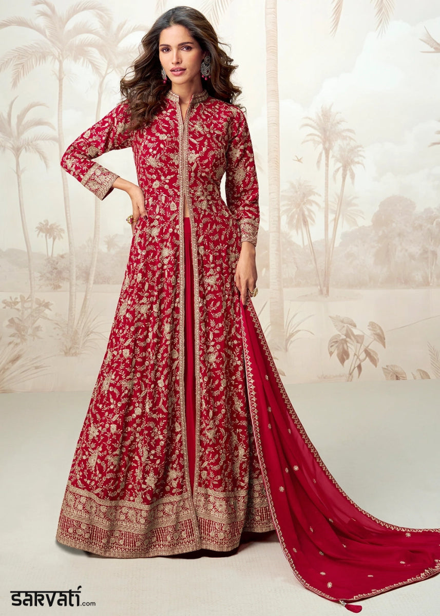 Scarlet Red Skirt Top Ensemble with Embroidered Georgette Jacket - House of Sarvati LLC