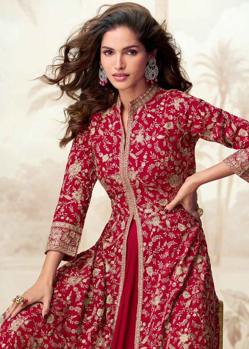 Scarlet Red Skirt Top Ensemble with Embroidered Georgette Jacket - House of Sarvati LLC