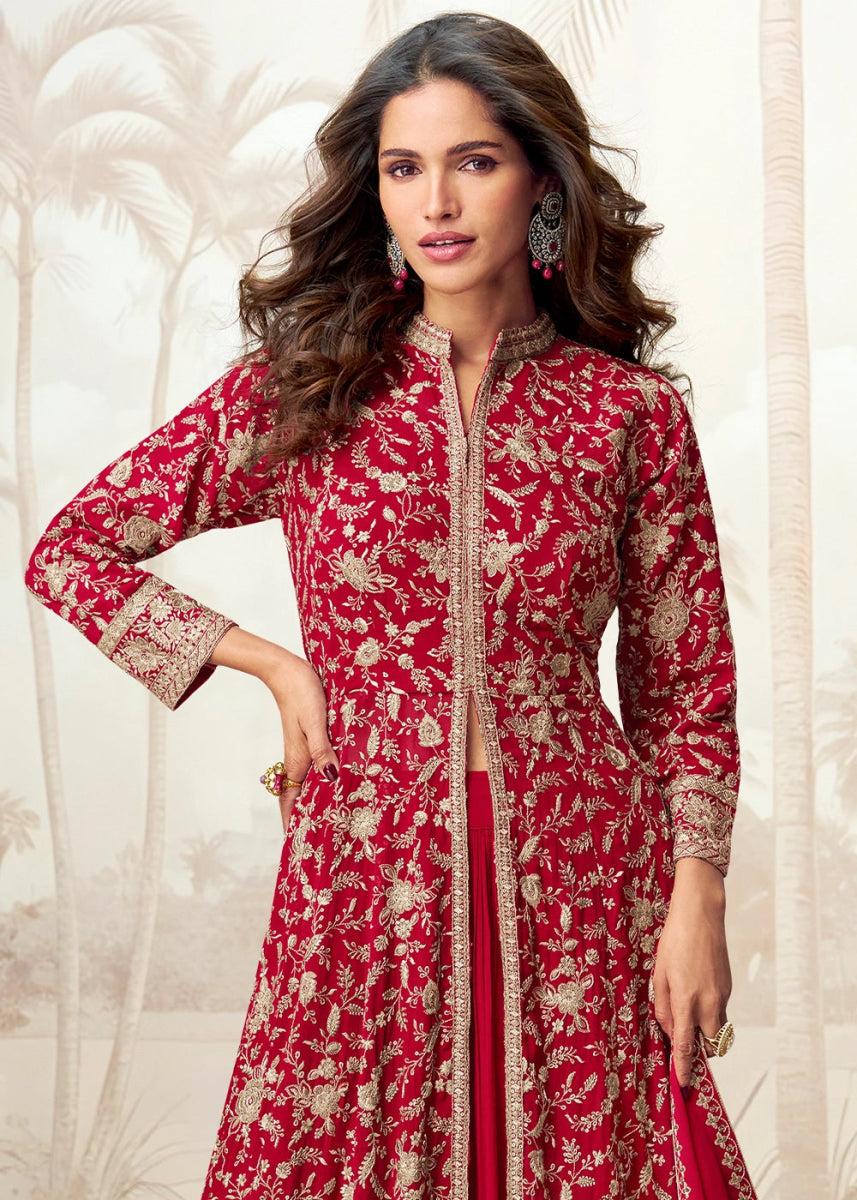 Scarlet Red Skirt Top Ensemble with Embroidered Georgette Jacket - House of Sarvati LLC