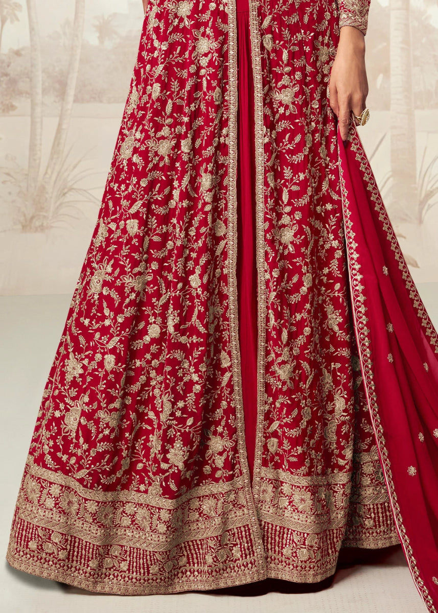 Scarlet Red Skirt Top Ensemble with Embroidered Georgette Jacket - House of Sarvati LLC