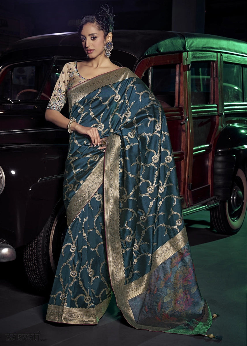 Sea Blue Banarasi Silk Saree with Opulent Zari Work & Embellished Blouse - House of Sarvati LLC